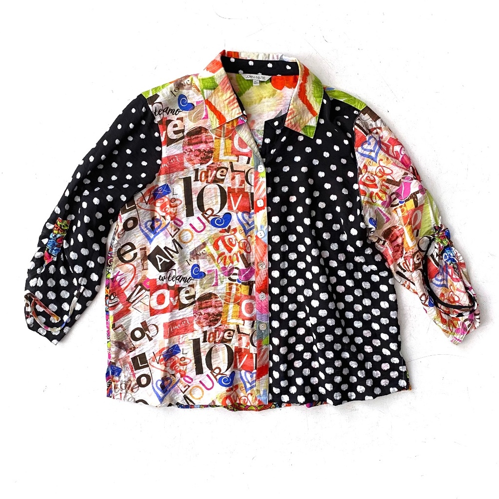John Mark Nwt Mix Print 3/4 Sleeve Cinch Tie Button Front Top Petite Large PL